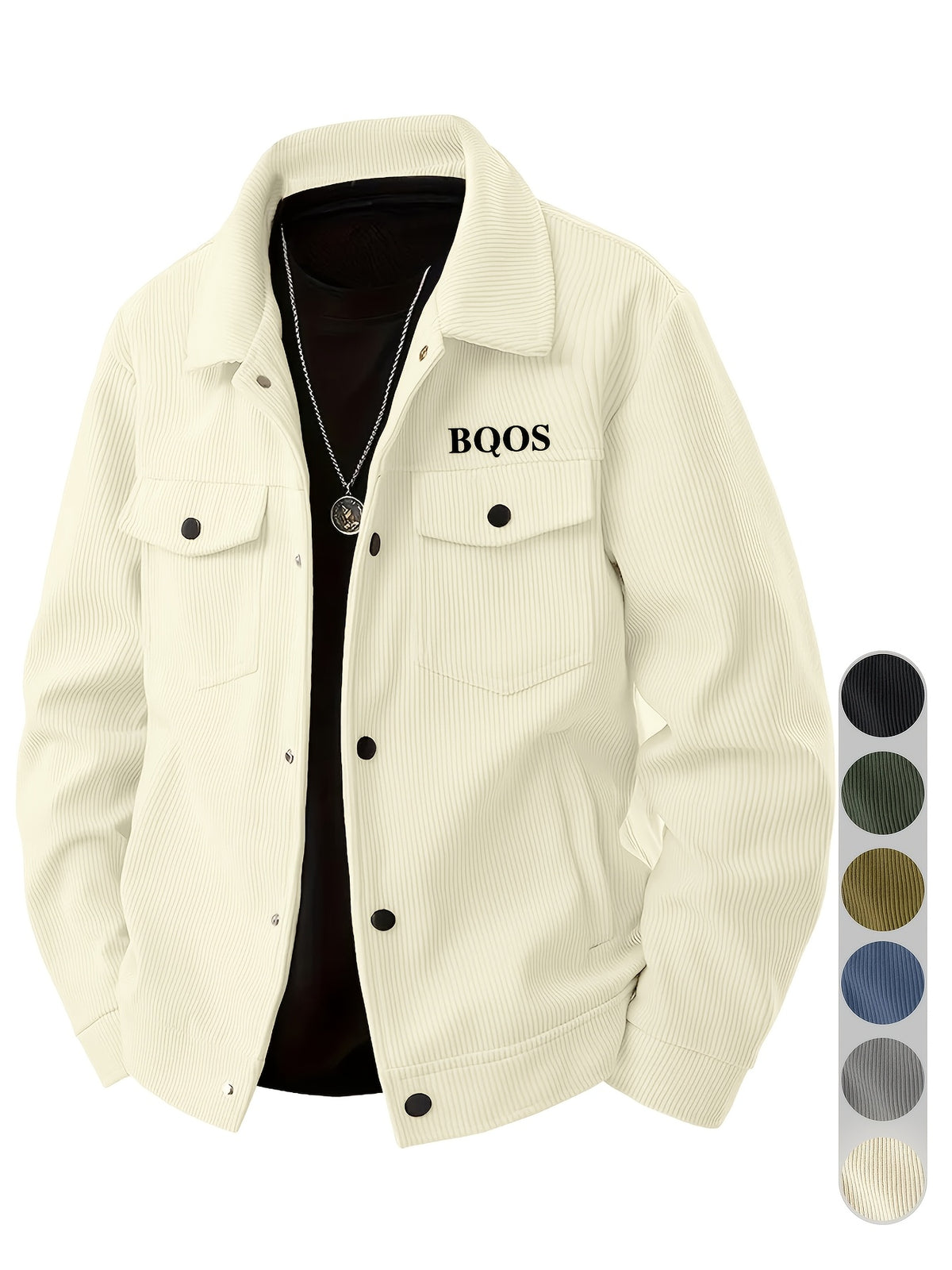 Men's American-style Corduroy Casual Jacket, Simple Casual Style, Lapel Collar, Single-Breasted with Multiple Pockets, Letter Embellishment, Comfortable Draping Fabric, Versatile Men's Apparel for Office Workers' Commuting and Outings in Spring - Milky White