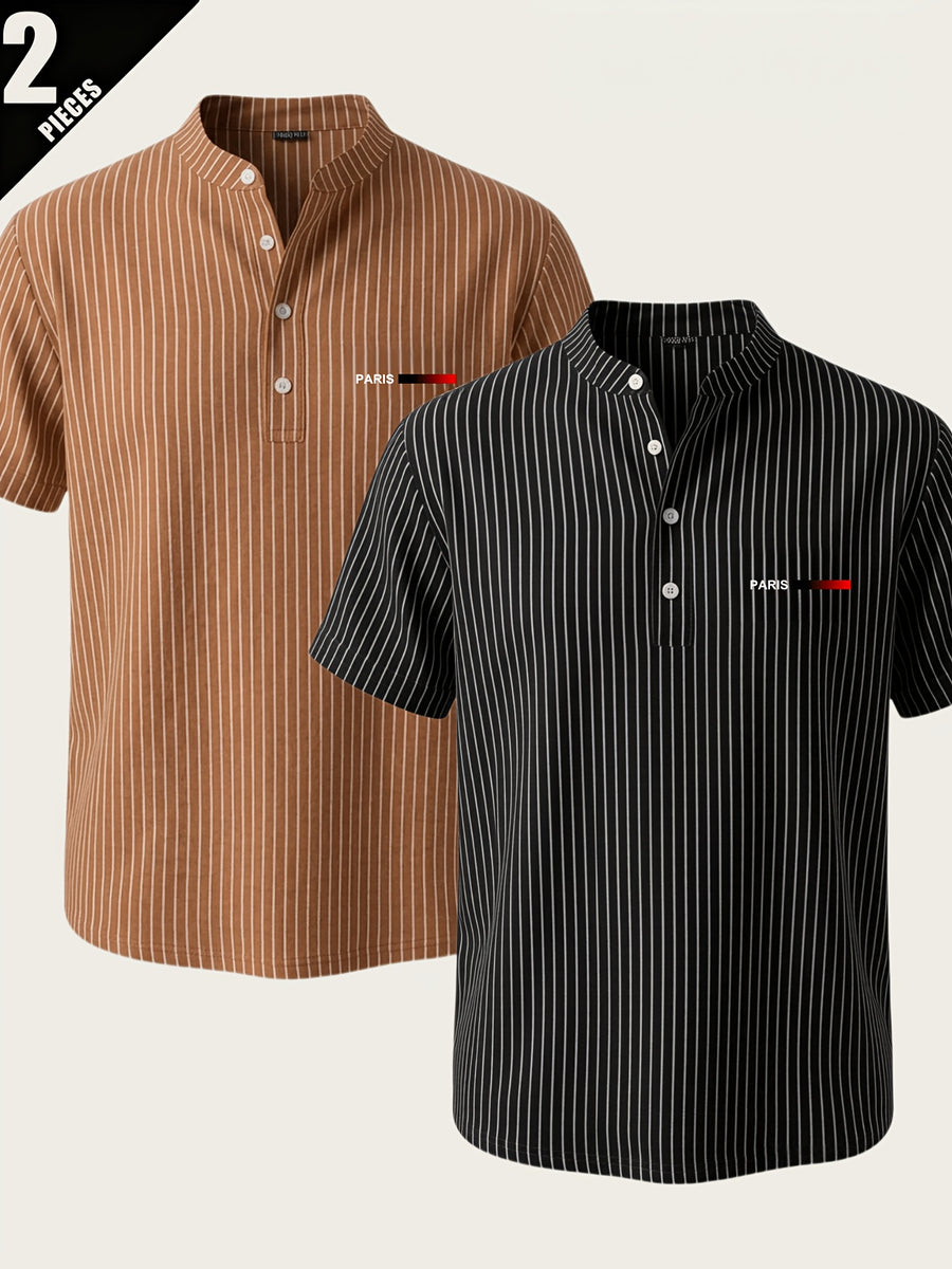 2pcs Men'S Striped Henley Shirt Set, PARIS Chest Print Short Sleeve Shirt, Lightweight Breathable Regular Fit, Suitable for Casual Wear, Travel, And Layering - Black+Coffee