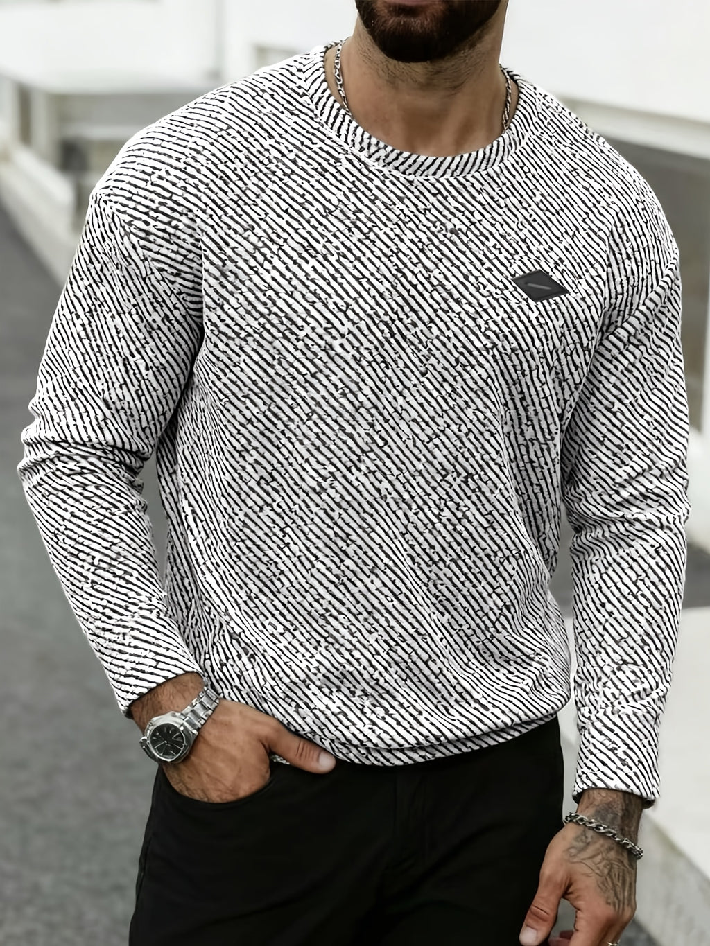 [Shu Le Shui OBM] Spring And Autumn New Men'S Sweatshirt Pullover Jacquard Fabric Sports Casual Outdoor Jogging Fitness Training Long Sleeve Sweatshirt - Black