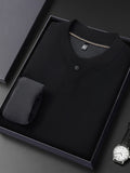 Men'S Single-Button Henley Collar Fleece Long Sleeve Top, Solid Color Minimalist Design Without LOGO, Light Luxury Easy Men'S Style - SINBOS - Black