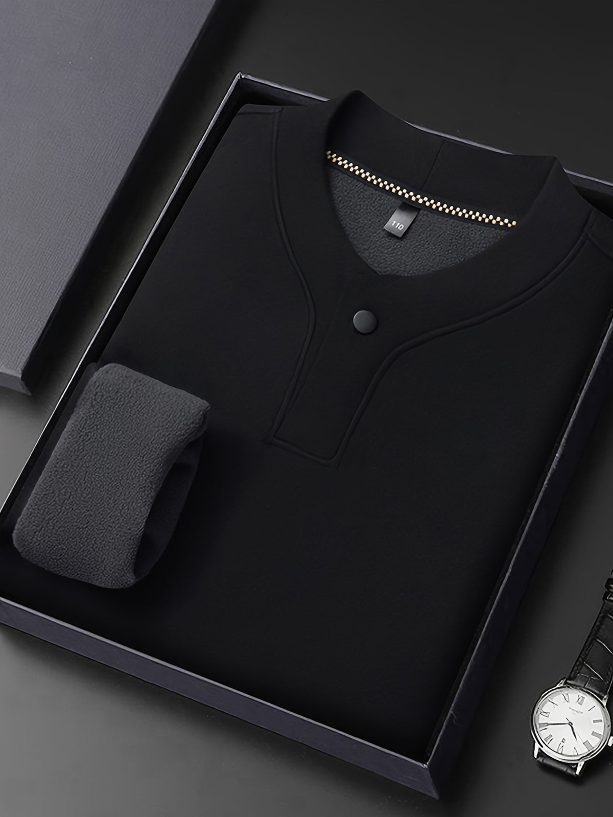 Men'S Single-Button Henley Collar Fleece Long Sleeve Top, Solid Color Minimalist Design Without LOGO, Light Luxury Easy Men'S Style - SINBOS - Black