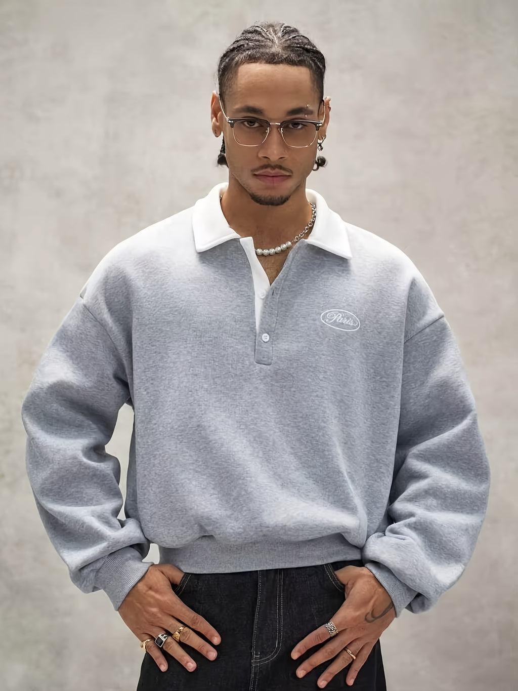 Men's Loose Fit Polo Collar Sweatshirt, Contrast Color White Collar Henley Pullover, Paris Letter Print Long Sleeve Casual Streetwear Top - Silvery Grey