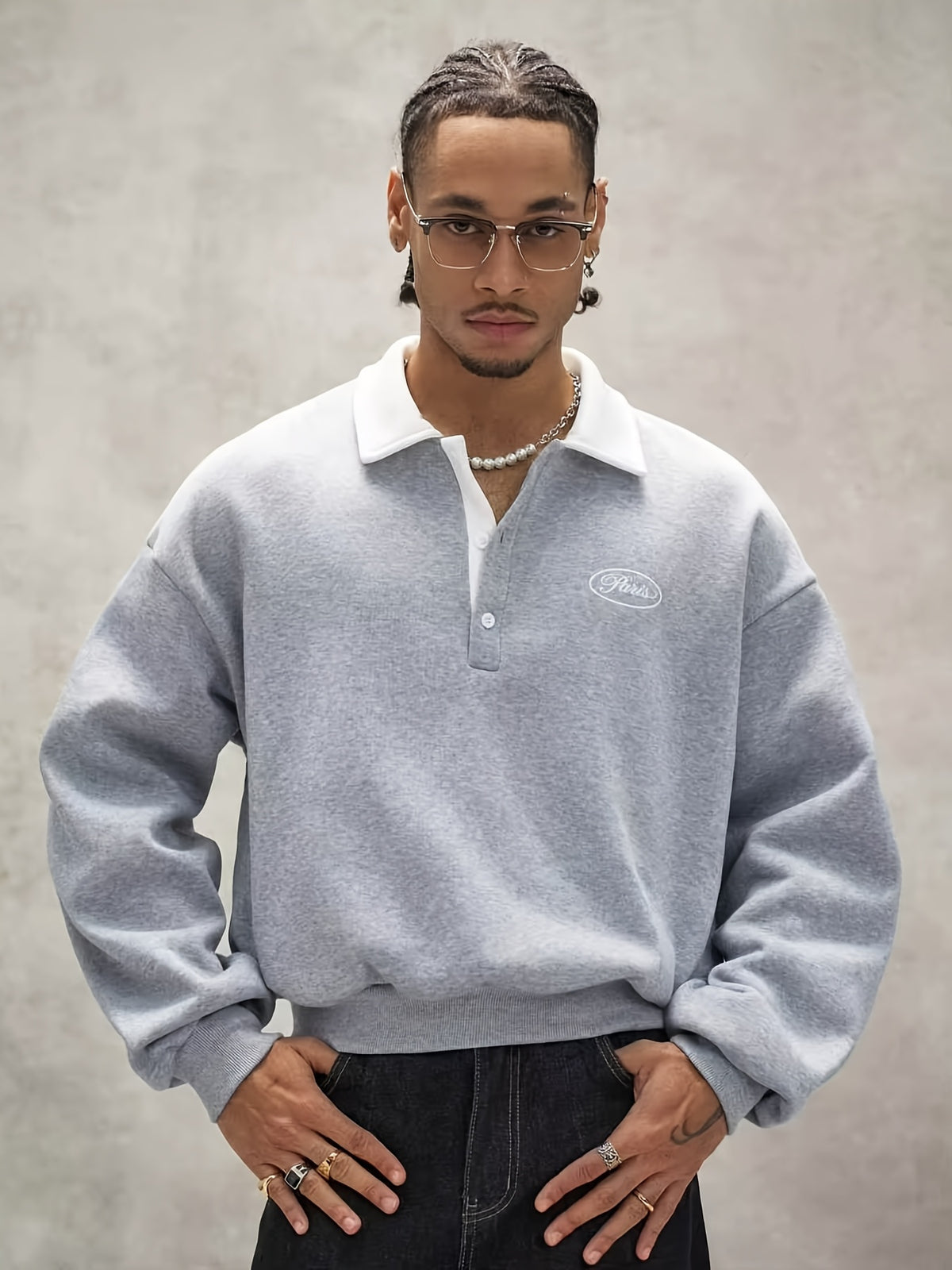 Men's Loose Fit Polo Collar Sweatshirt, Contrast Color White Collar Henley Pullover, Paris Letter Print Long Sleeve Casual Streetwear Top - Silvery Grey