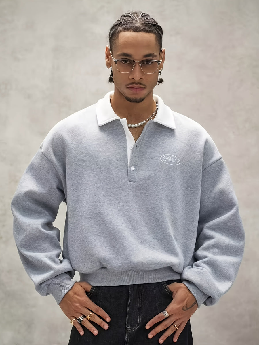 Men's Loose Fit Polo Collar Sweatshirt, Contrast Color White Collar Henley Pullover, Paris Letter Print Long Sleeve Casual Streetwear Top - Silvery Grey