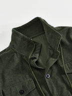 Men'S Corduroy Button-Up Shirt with Pocket And Drawstring Detail, Casual Long Sleeve Blouse for Daily Street Style, Gift Idea - Olive Green