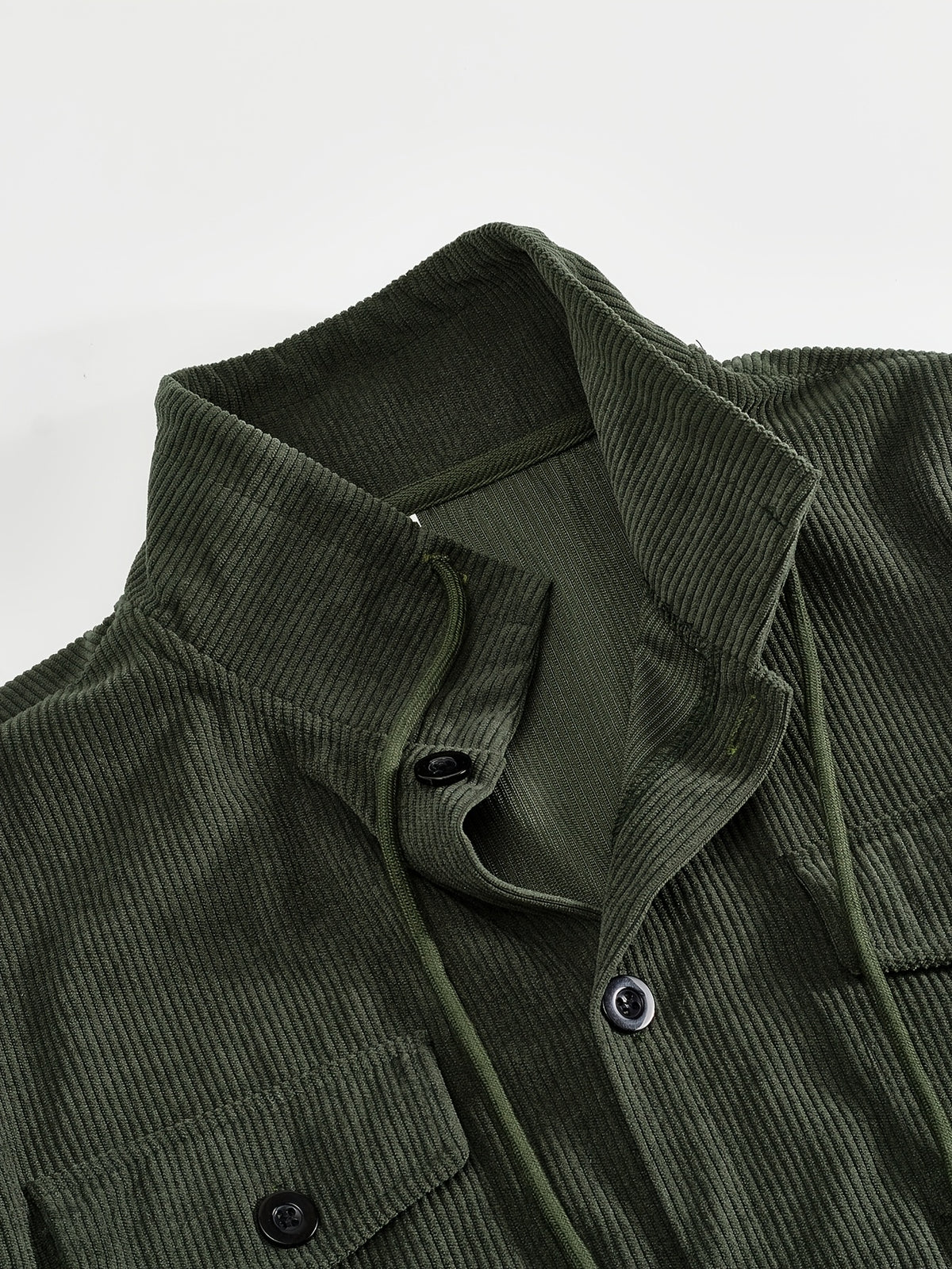 Men'S Corduroy Button-Up Shirt with Pocket And Drawstring Detail, Casual Long Sleeve Blouse for Daily Street Style, Gift Idea - Olive Green