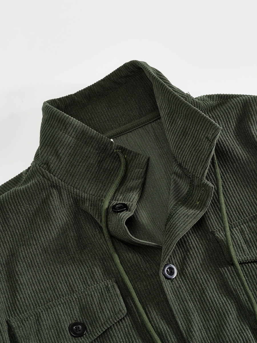 Men'S Corduroy Button-Up Shirt with Pocket And Drawstring Detail, Casual Long Sleeve Blouse for Daily Street Style, Gift Idea - Olive Green