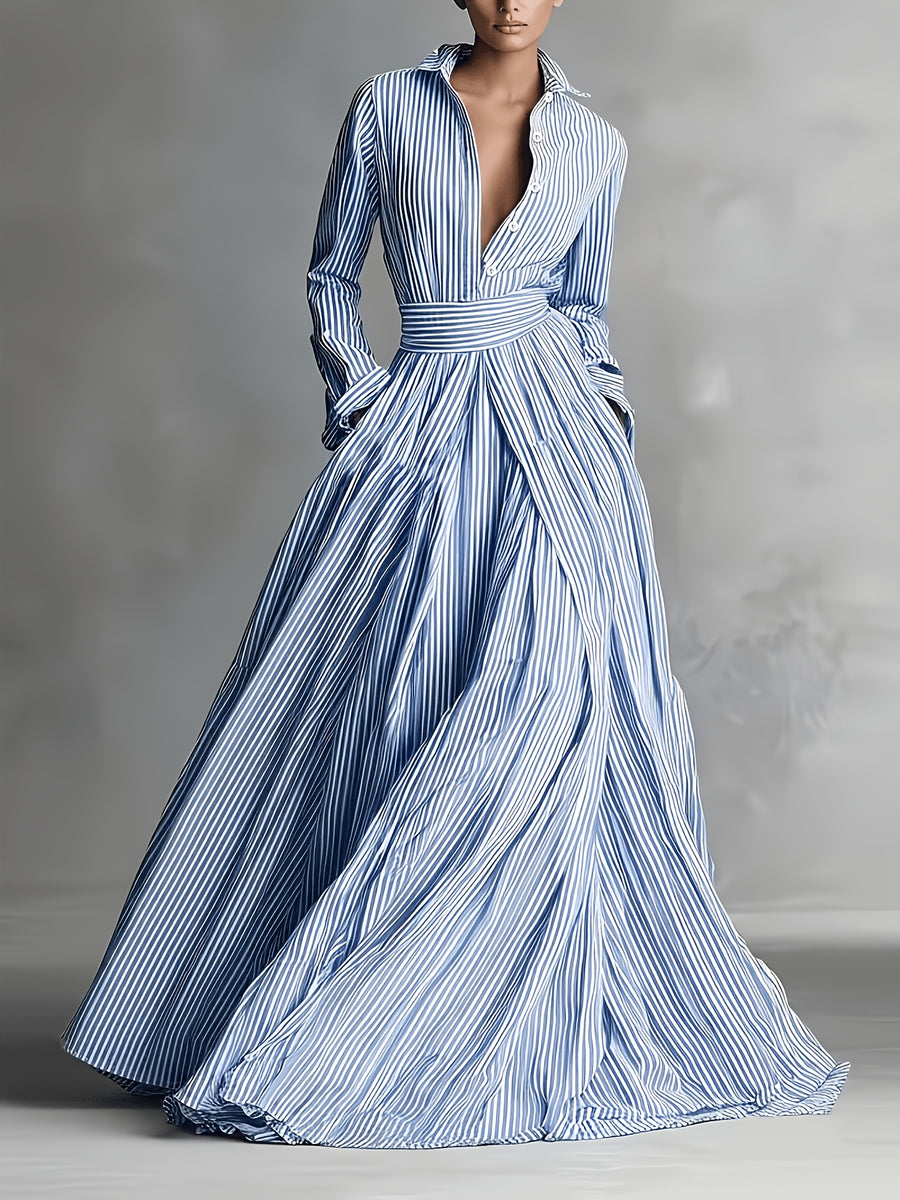 Women'S Thin Stripe Lapel Waist-Cinching Tie-Waist A-Line Maxi Dress, Easy Casual Commute Party Date Versatile Driving, Casual Elegant Bridesmaid Dress - Blue And White