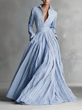 Women'S Thin Stripe Lapel Waist-Cinching Tie-Waist A-Line Maxi Dress, Easy Casual Commute Party Date Versatile Driving, Casual Elegant Bridesmaid Dress - Blue And White