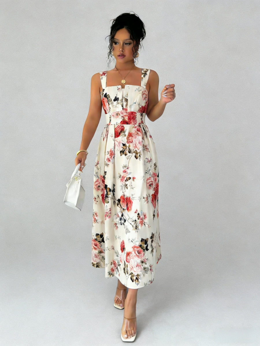 Women's Vintage Square Neck White Floral Print Camisole Dress, Featuring a Effect, Vintage Elegant Vacation Style, Suitable for Summer Dates and Casual Wear in Spring and Summer. Machine Washable - Off-white
