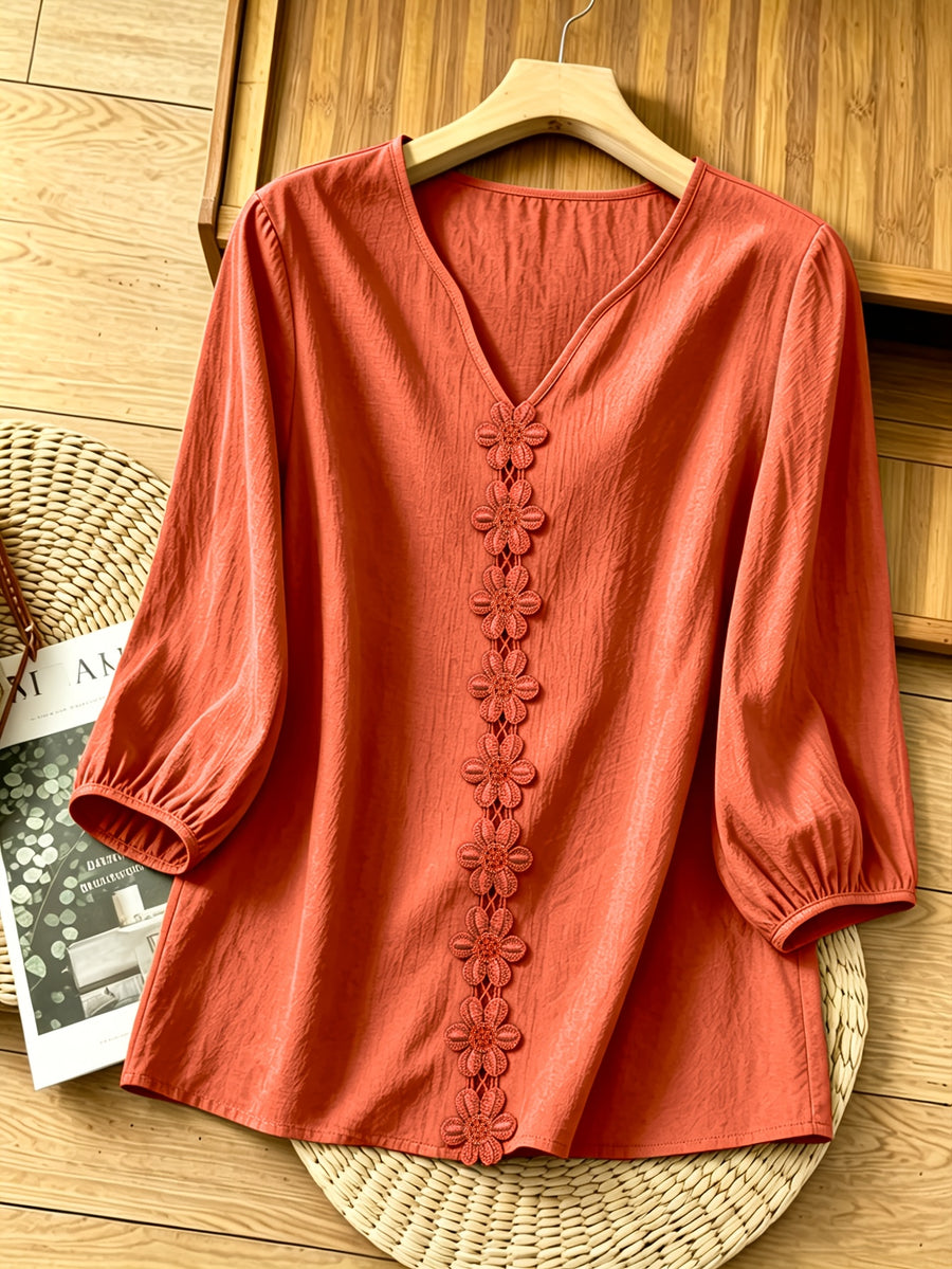 French-Style Gentle Textured Shirt with V-Neck, Lace Floral Design, Lantern Sleeves, Loose Fit, Relaxed Style, Versatile Daily Top - Watermelon Red