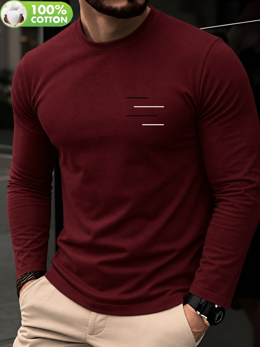 100% Cotton Men's T-Shirt, Spring Long Sleeve Thin Top, Trendy, Fashionable, Simple, Casual, Versatile, Suitable for Commuting and Daily Wear, Geometric Line Pattern, Stylish, Elegant, , and Fun - Burgundy