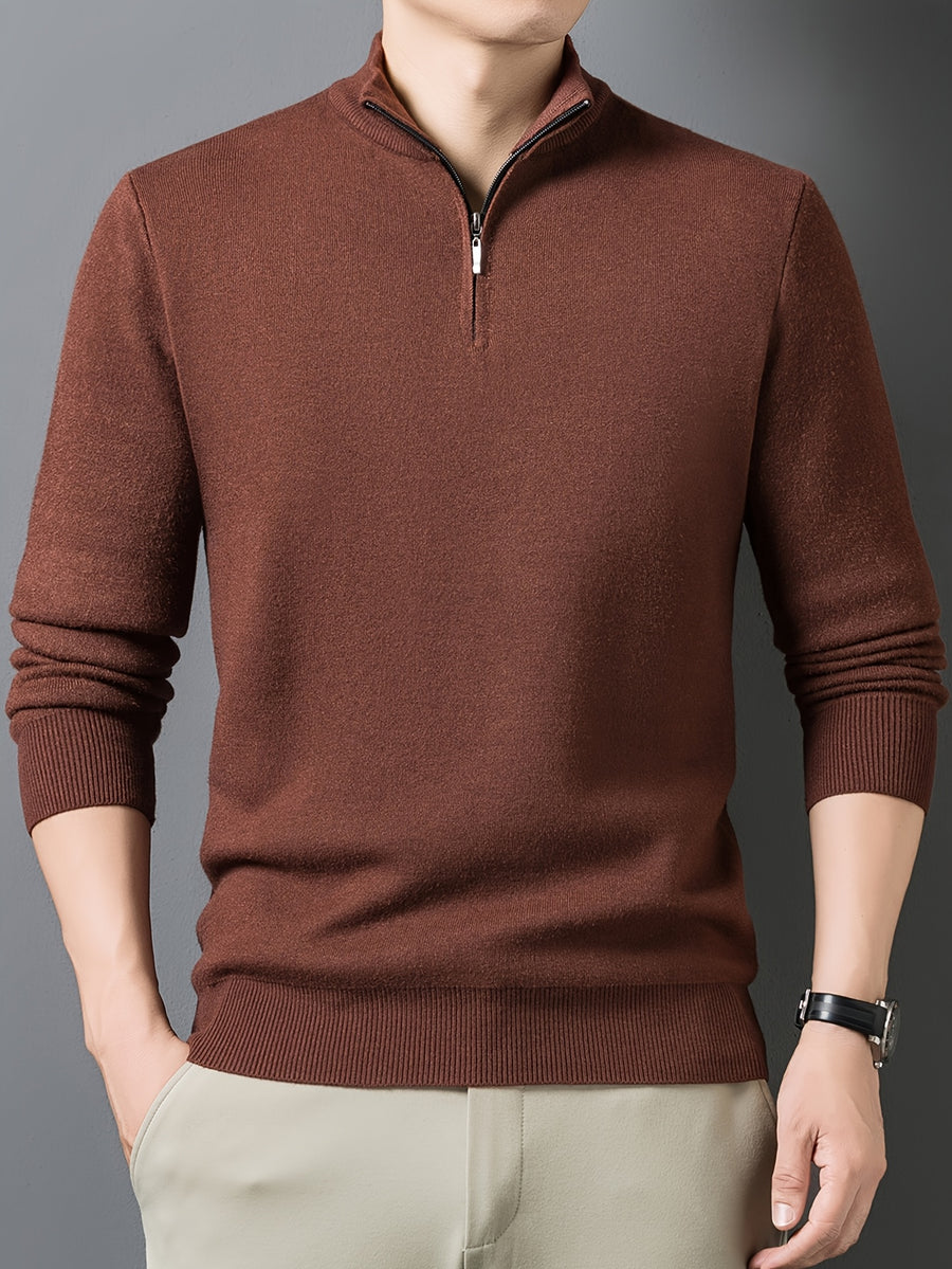 1pc Men'S Solid Color Small Stand Collar Knit Pullover Autumn Winter Zipper Casual Fleece Warm Top - Rust