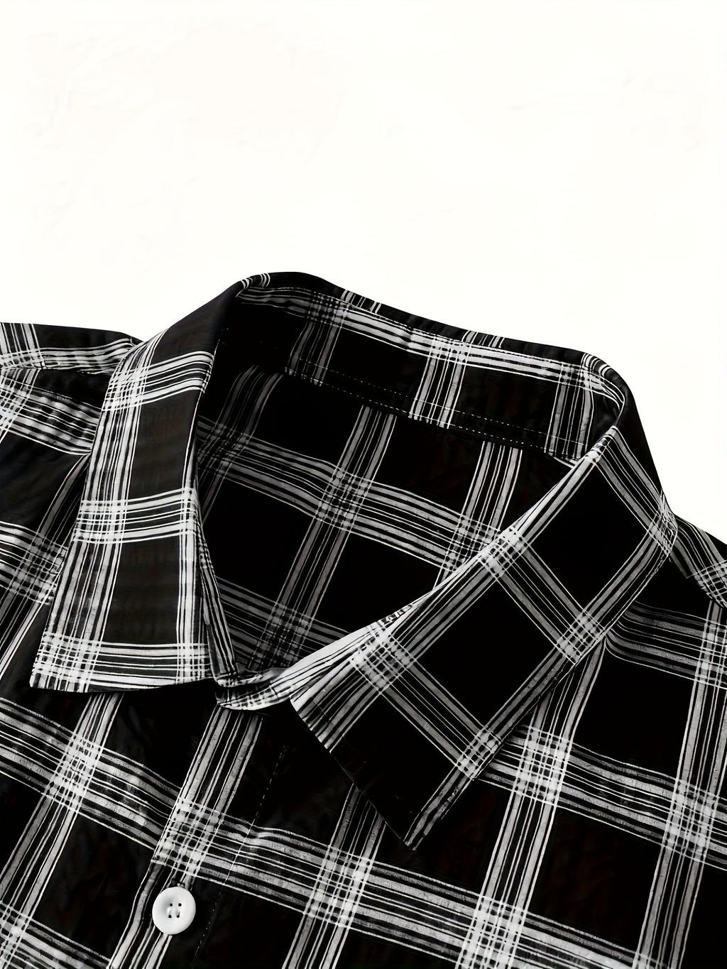 Men's casual 100% pure cotton striped checked shirt (suitable for casual wear during outings and weekend parties) Short-sleeved pocket design, button-down top - Black