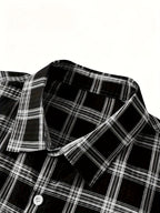 Men's casual 100% pure cotton striped checked shirt (suitable for casual wear during outings and weekend parties) Short-sleeved pocket design, button-down top - Black