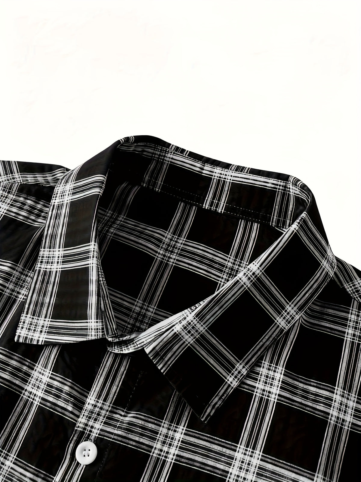 Men's casual 100% pure cotton striped checked shirt (suitable for casual wear during outings and weekend parties) Short-sleeved pocket design, button-down top - Black