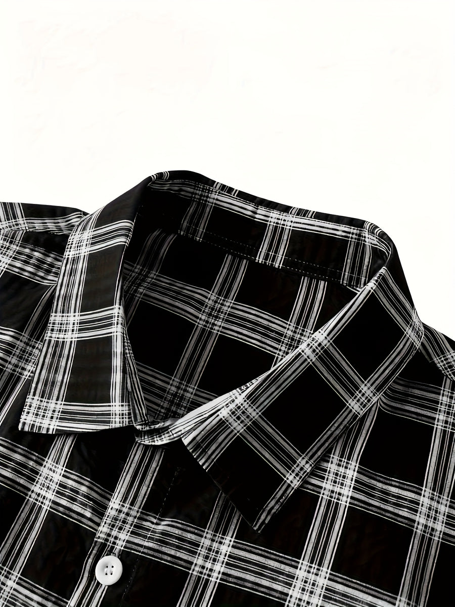 Men's casual 100% pure cotton striped checked shirt (suitable for casual wear during outings and weekend parties) Short-sleeved pocket design, button-down top - Black