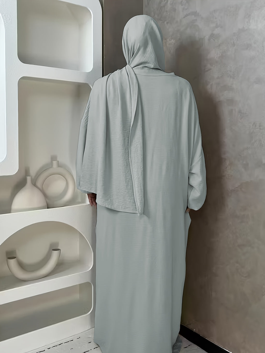 1pc And Abaya One-Piece Dress, Prayer Jilbab Fashionable, Elegant And Casual Solid-Colored Puff Sleeve Suitable for Daily Wear. Loose And Comfortable Women'S Abaya Robe - Dark Gray