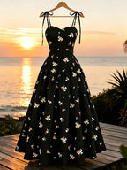 French-Style Black Floral Print Tie-Up Spaghetti Suspender Dress for Women, New Summer Collection, Slim Fit Waist-Cinching Midi Dress for a and Elegant Look, Versatile Dress for Beach Vacations, Dates, and Daily Wear - Black