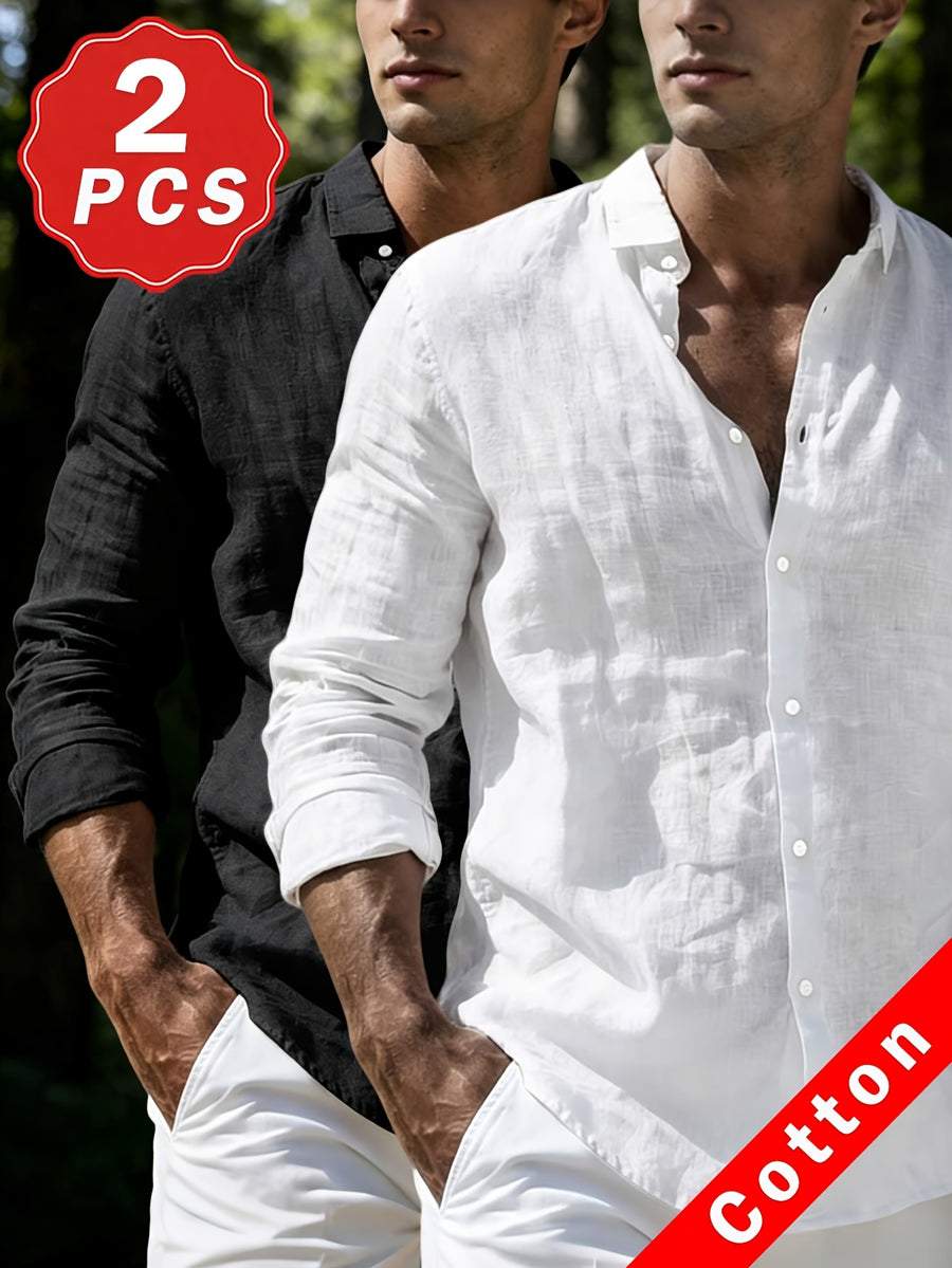 Men's 100% Pure Cotton Lapel Button-Up Long Sleeve Shirt, 2pcs Set. A Versatile Casual Top for Spring and Autumn, Suitable for Daily Wear. The Fabric Is Comfortable and Breathable, Making It Perfect for Beach Vacations and Everyday Outings - Black+White