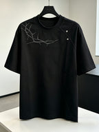 Men'S Casual Sports T-Shirt Rivet Patchwork Thorn Embroidery Short Sleeve Summer Cool Premium Shoulder Top in Stock - Black