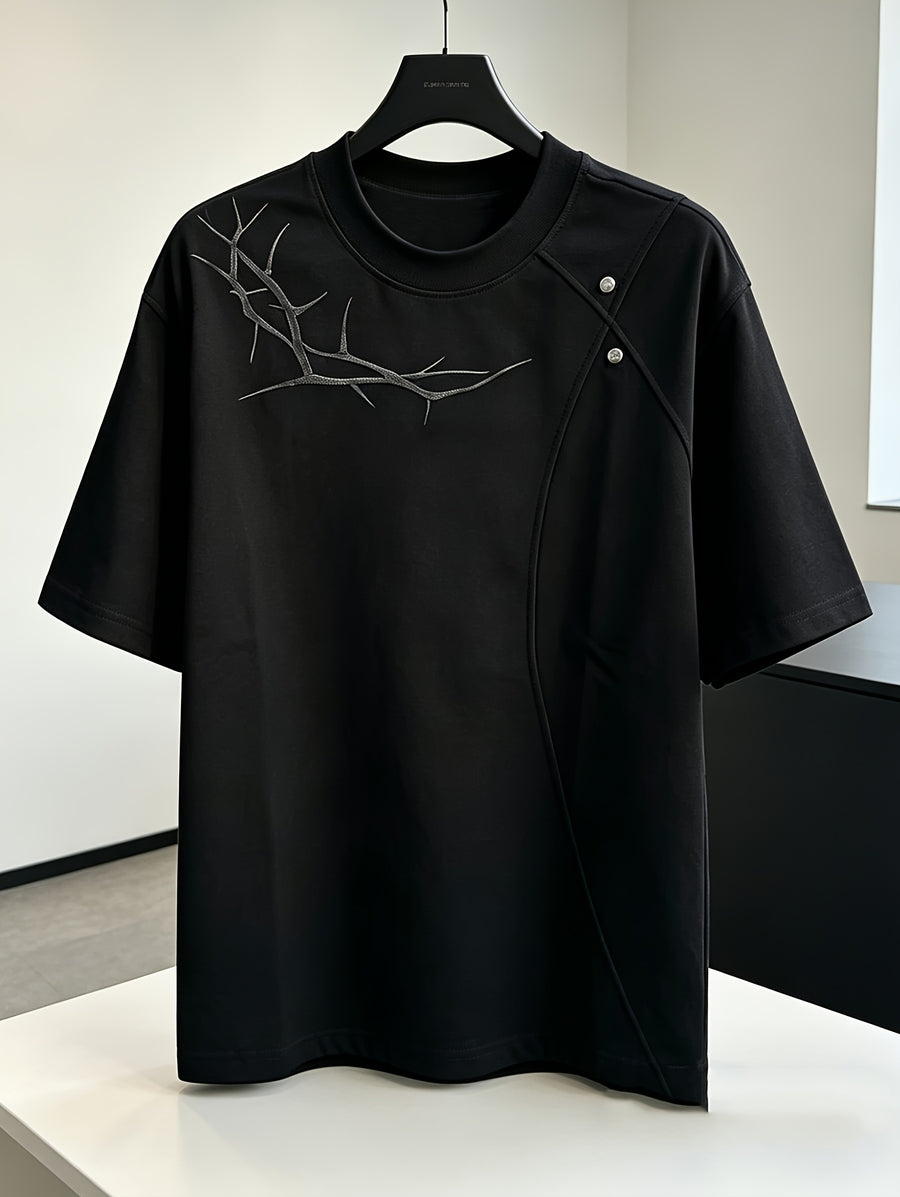 Men'S Casual Sports T-Shirt Rivet Patchwork Thorn Embroidery Short Sleeve Summer Cool Premium Shoulder Top in Stock - Black