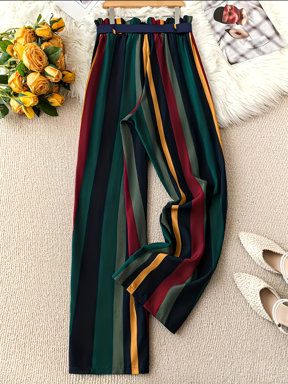 Women's Casual Wide-Leg Pants with Striped Pattern - Machine Washable Non-Stretch Trousers for Spring/Fall, Office & Casual Outfits - Multicolor