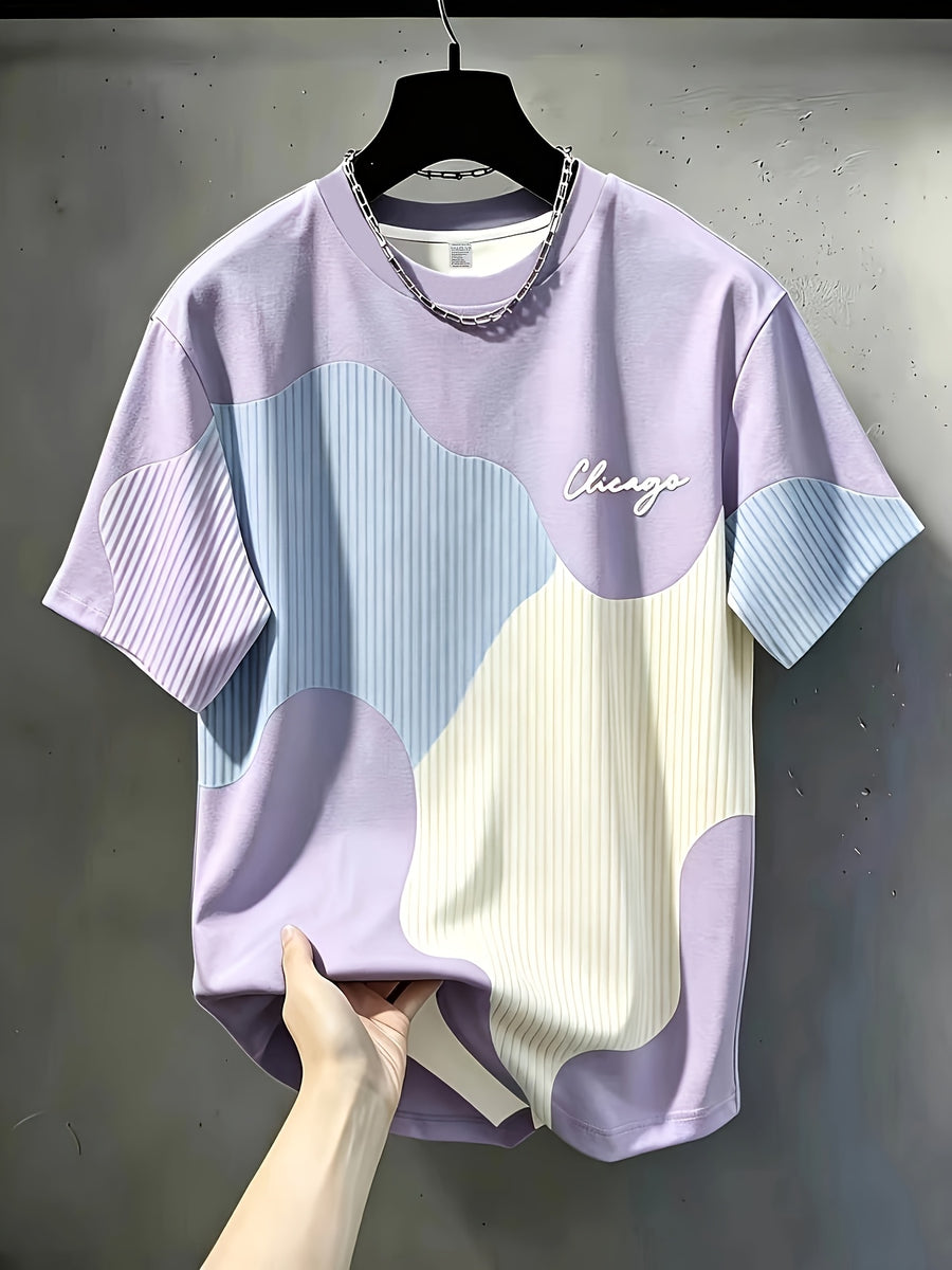 Ins Style Easy Versatile Round Neck Short Sleeve Top, Irregular Wave Color Block Chicago Letter Print Design, Fashionable Thin Breathable T-Shirt, Machine Washable Casual Short Sleeve Top - Mixed Color 4