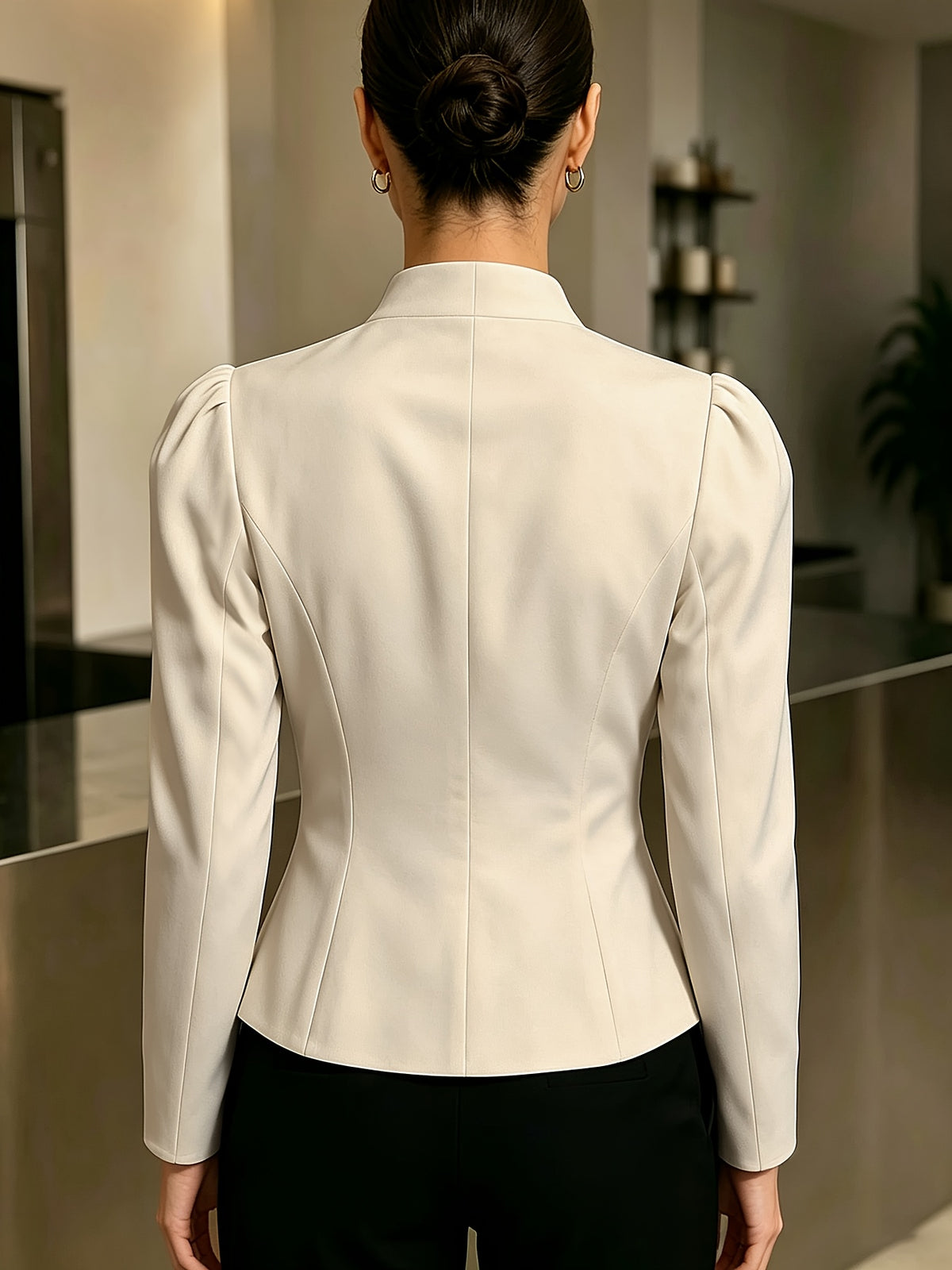 A stylish Women's blazer in a vintage fit, featuring button details and lantern sleeves. A must-have wardrobe staple for all seasons: spring, autumn, summer, and winter - Apricot