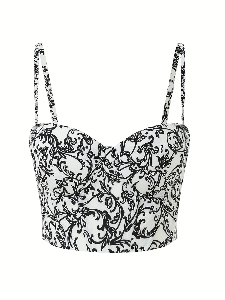 Elegant Special Vintage Floral Print Elegant Short Body-Shaping Camisole with Sexy Boning - Black and White Rattan