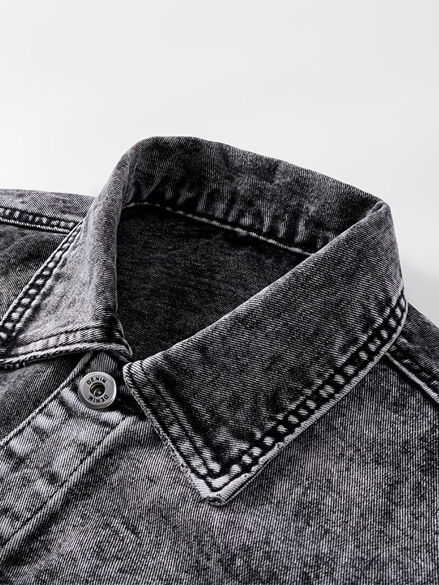 Men'S Vintage Denim Jacket, Classic Lapel, Retro Washed Denim Coat, Multi-Color Casual Workwear Jacket - Black