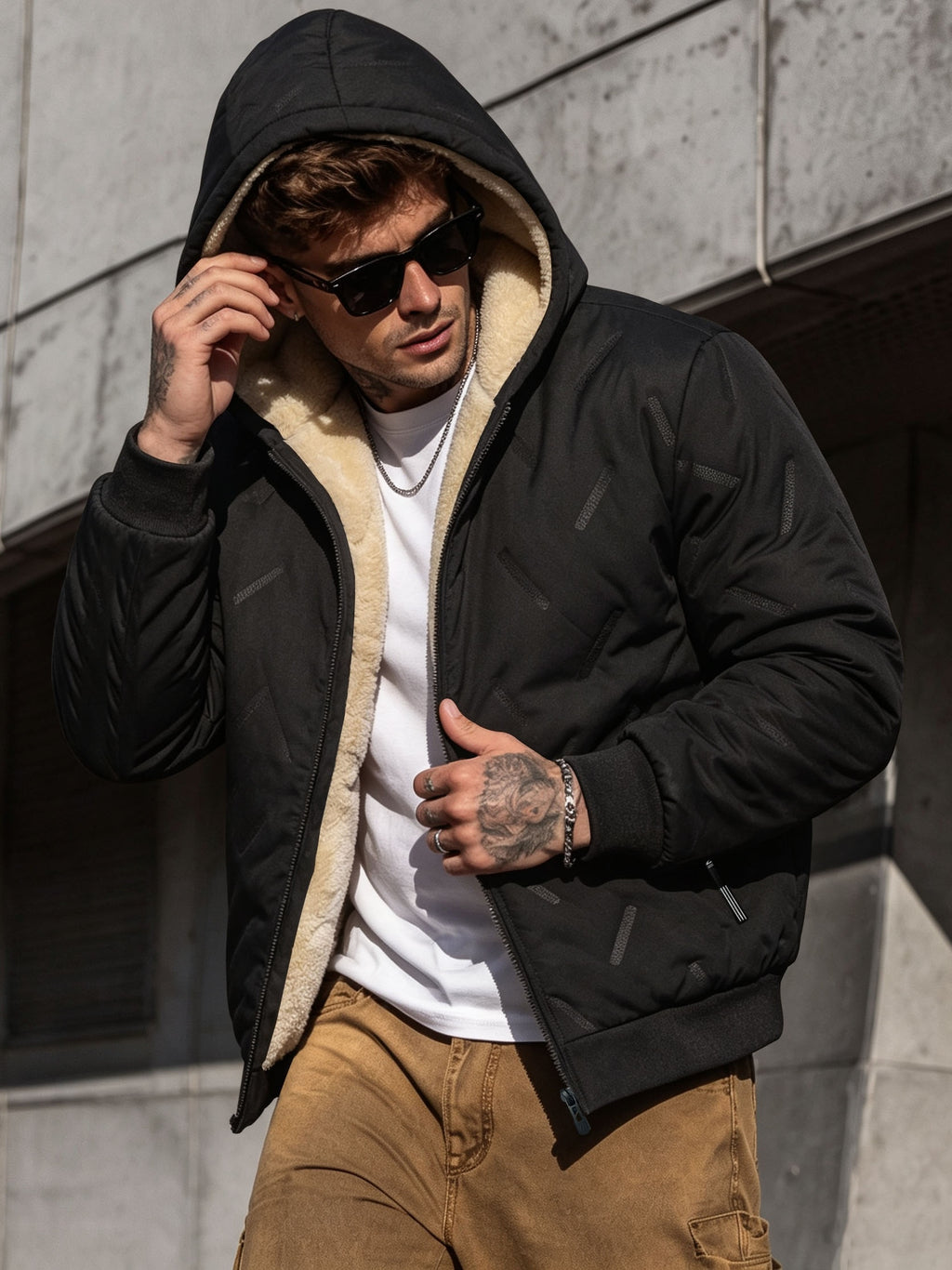 CWPKF Men's Winter Hooded Windproof Jacket with Padded & Zippered Pockets - Thickened Warm Coat Suitable for Weather, Machine Washable Hooded Outerwear for Daily Commute, Outdoor Activities, Gift Choice (Regular Fit) - Black