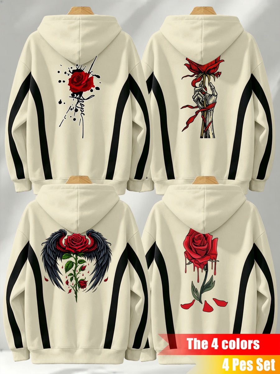 4pcs Set: Autumn/Winter Men's Street Style Pullover Hooded Sweatshirt with Diagonal Contrast Color Stripe Cutting on Sleeves, Long Sleeve Top, Adjustable Drawstring, Large Capacity Kangaroo Pocket for Storing Phone and Small Items, Skin-Friendly - Apricot + Apricot + Apricot + Apricot