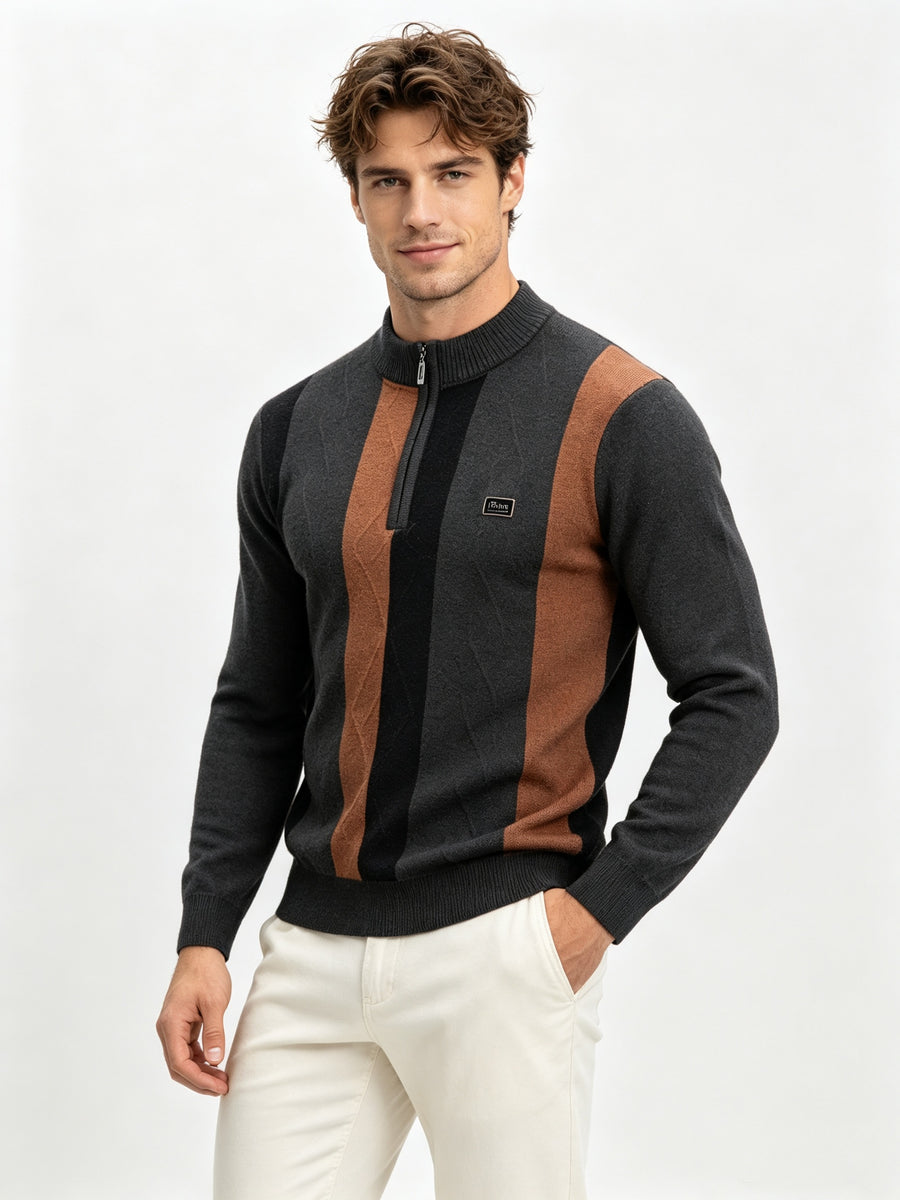 Men's Half-Zip Stand Collar Color-Block Knit Sweater, Cable Textured Pullover, Retro Sporty Fall Winter Top - Olive Green