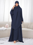 Women's 2pcs Modest Islamic Abaya & Khimar Suit - Elegant Full Coverage Prayer Dress with Headscarf, Pure Color Muslim Dress Suitable for Daily Wear, Hajj, Ramadan, Travel - Abaya Robe for Muslim Women - Navy Color
