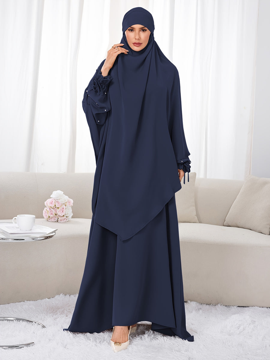 Women's 2pcs Modest Islamic Abaya & Khimar Suit - Elegant Full Coverage Prayer Dress with Headscarf, Pure Color Muslim Dress Suitable for Daily Wear, Hajj, Ramadan, Travel - Abaya Robe for Muslim Women - Navy Color