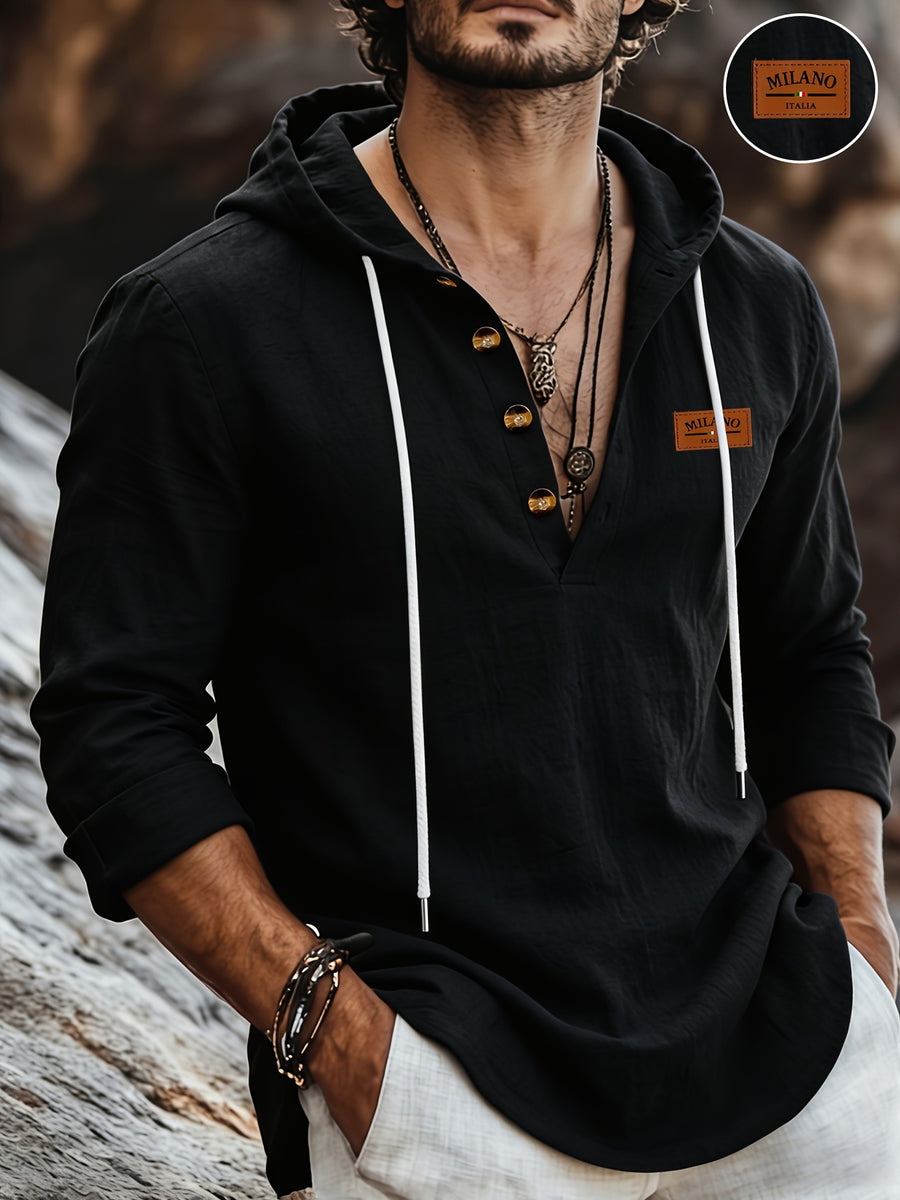 Men'S Fashion Hoodie Linen Long Sleeve Hooded Top Shirt Henley Shirt Linen Texture Hooded Henley Long Sleeve Shirt Men'S Half Button Wooden Button Drawstring Hoodie Vacation Style Loose Roll-Up Sleeve Casual Top - Black