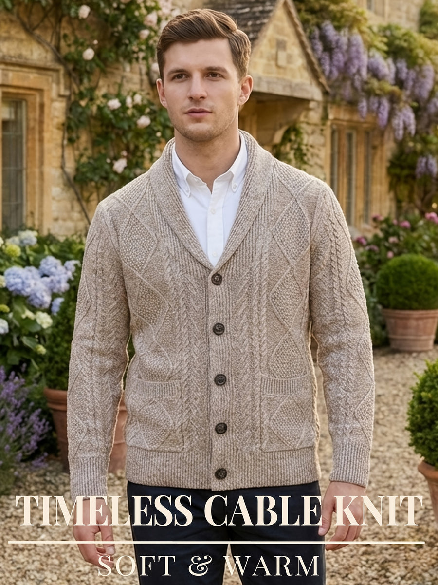 Men's Knitted Cardigan Button-Up Knit Outerwear, Fashionable Casual Sporty Knitted Long-Sleeve Autumn/Winter Thickened Warm Knitted Garment, Cable Knit Construction, Casual Style Sweater with Button-Up Cardigan, Long Sleeves, Regular Fit - Camel