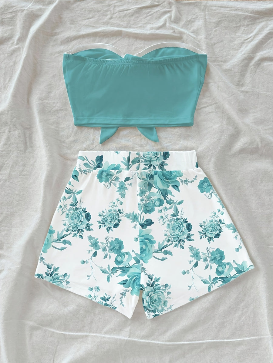 Turquoise Vintage Floral Pattern Vintage Style Casual Vacation Sexy Cute Y2K Bohemian Music Festival Summer Women's 2pcs Set Vacation Outfit Women's 2pcs Floral Set - Mixed colors