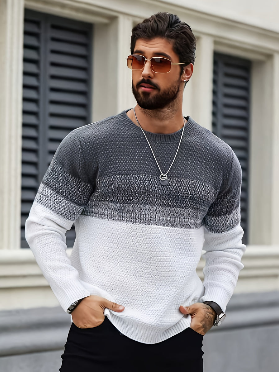 JANE DRESSINGLOG Men's Autumn/Winter Gradient Color Block Design Trendy Knit Pullover, Men's Contrast Color Knit Sweater - Gray White