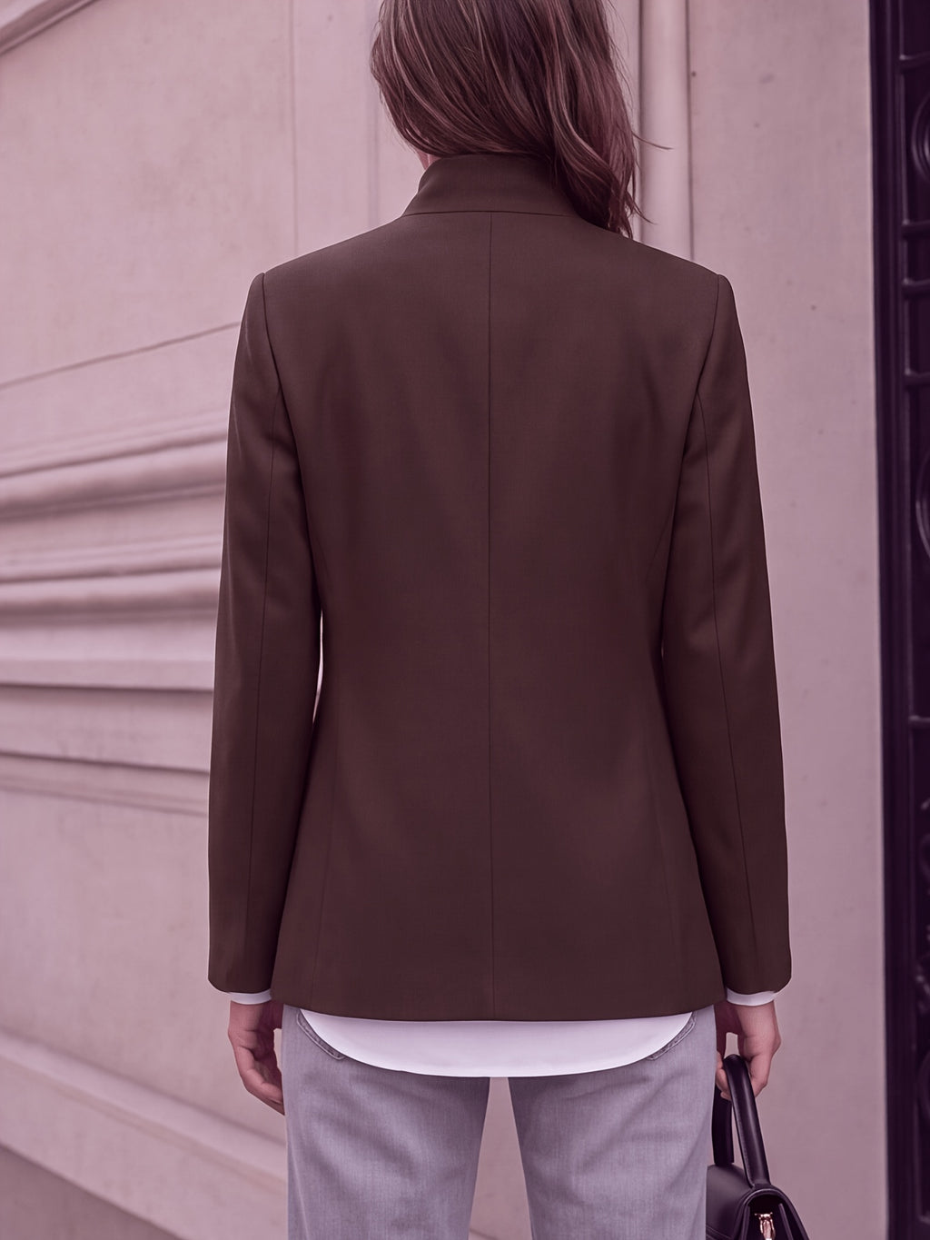 Stand-up Collar with Irregular Slanted Placket, Women's Casual Blazer, Versatile and Elegant Commuter Blazer Top, Dual-wear Suit for Daily and Workplace, Lined, with Pockets - Coffee Color