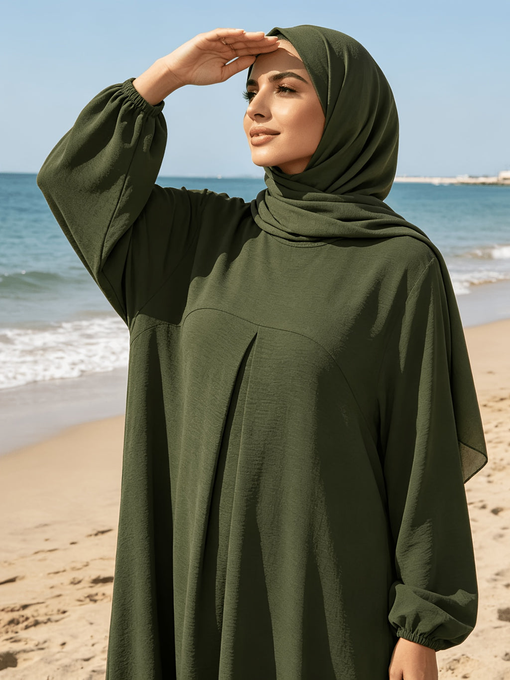 1pc (Headscarf Not Included) Elegant Holiday Style Loose Wrinkled Versatile Solid Color Suitable for Daily Wear Comfortable Casual Loose Comfortable Women'S Abaya Dress. Abayas for Women Muslim Long Dresses for Women Abaya Damen Ladies Abaya Robe Ma - Olive Green