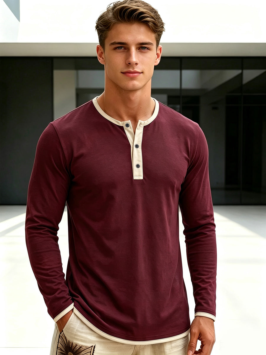 Men'S Retro Color-Block Casual Henley Long Sleeve, Spring Summer Autumn Regular Fit Fashionable Versatile T-Shirt, Solid Color, Knit Fabric, Breathable Comfortable Henley Long Sleeve, Half-Button Round Neck Design, Multiple Colors Available - Maroon 2