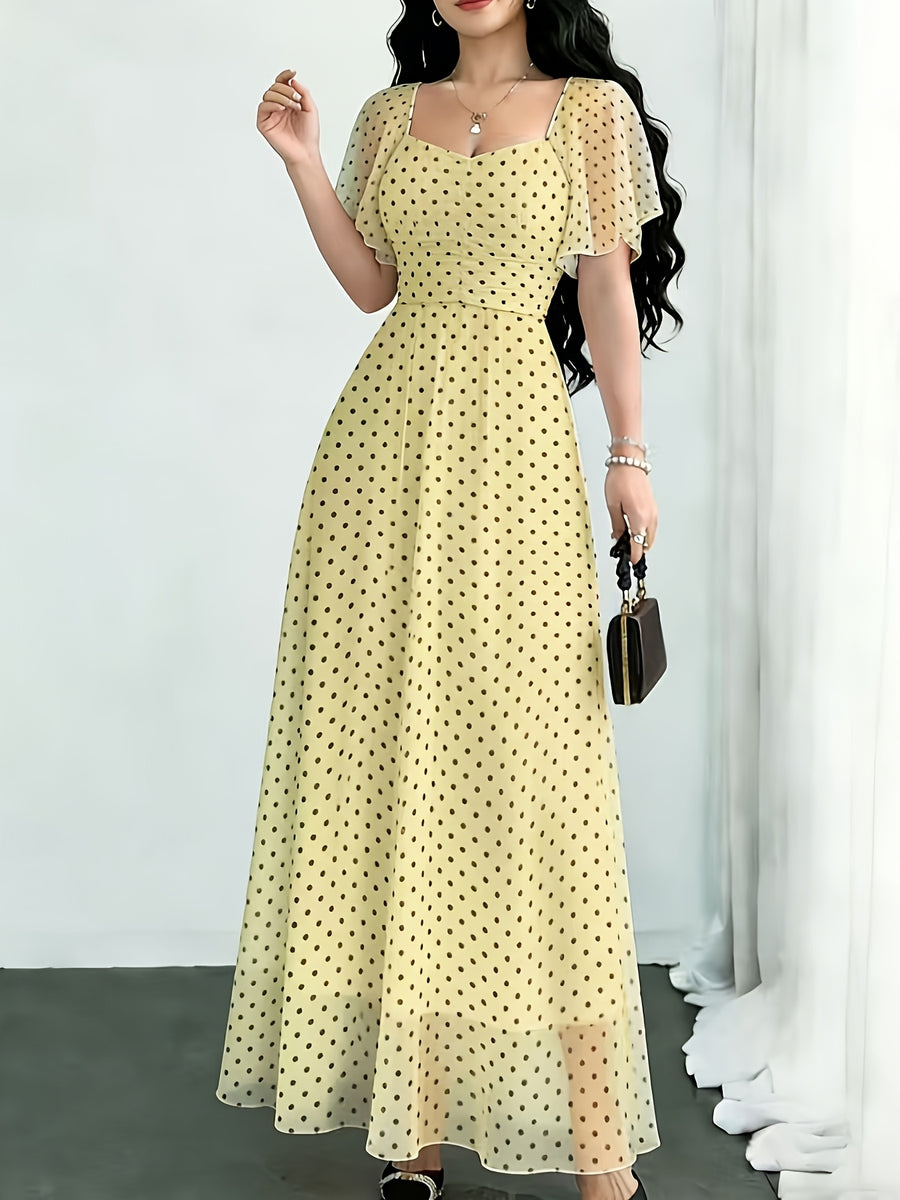 New Summer 2026 Chiffon Polka Dot Print Batwing Sleeve Sweet French-Style Mini Dress, Summer Maxi Dress - Yellow