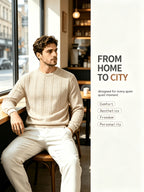 Men's Crew Neck Jacquard Sweatshirt, Fashionable and Versatile Sweatshirt for Spring and Autumn, Suitable for Outerwear or Layering, Features Three-Dimensional Visual Texture, Comfortable to Wear, Ideal for Casual, Vacation, Travel, and Home Wear - Khaki