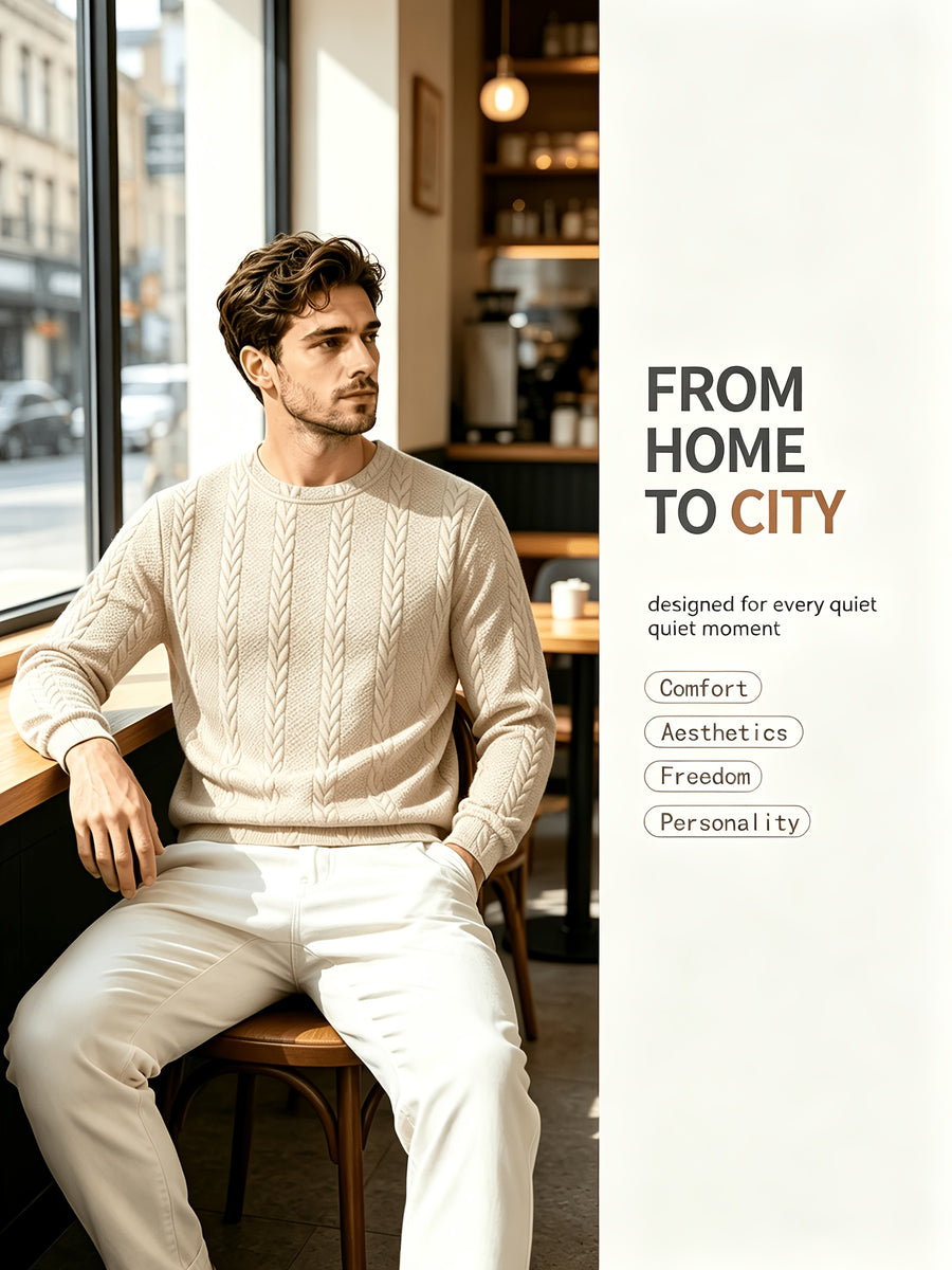 Men's Crew Neck Jacquard Sweatshirt, Fashionable and Versatile Sweatshirt for Spring and Autumn, Suitable for Outerwear or Layering, Features Three-Dimensional Visual Texture, Comfortable to Wear, Ideal for Casual, Vacation, Travel, and Home Wear - Khaki