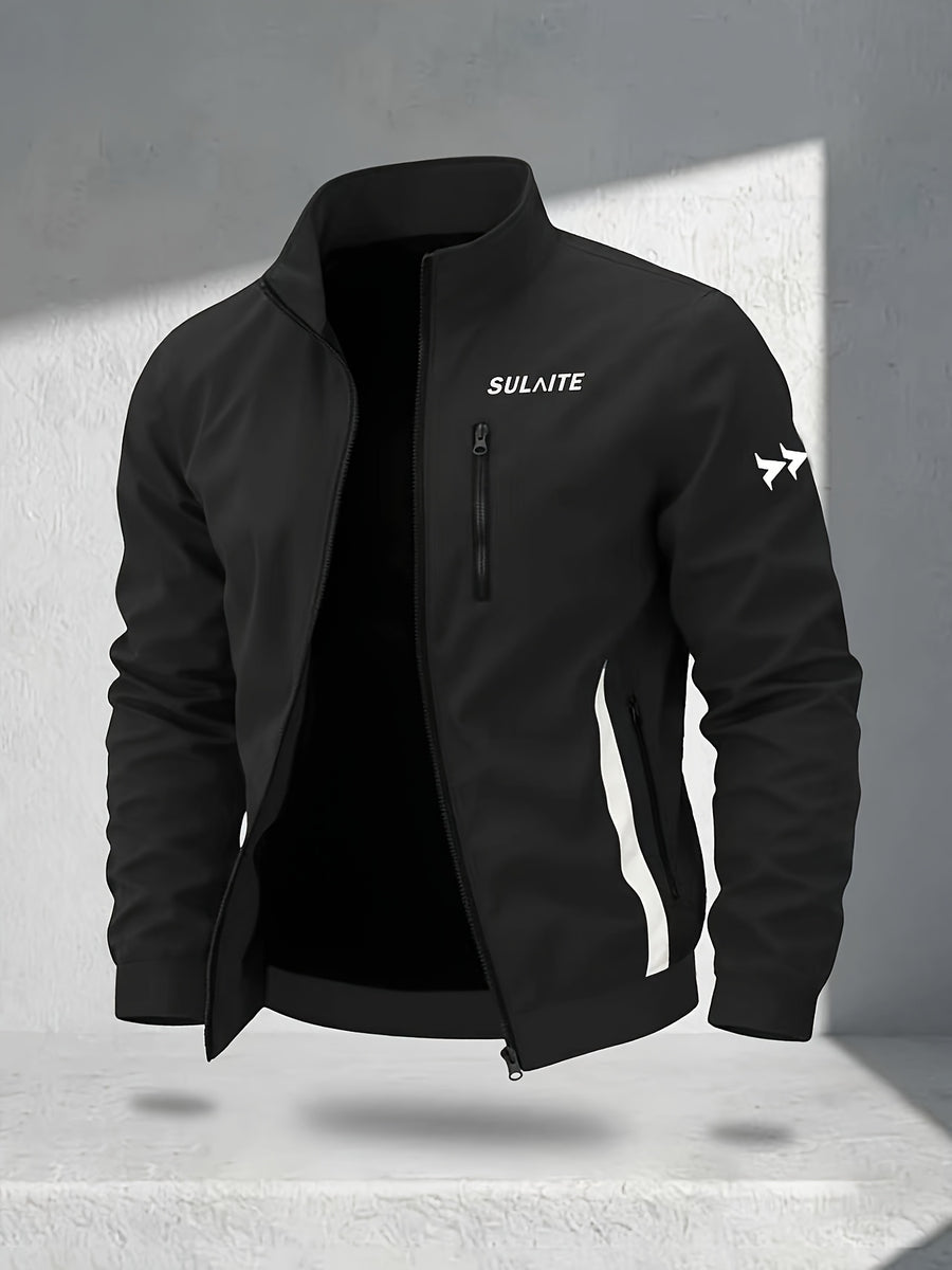 Trendy Vintage Men's Spring/Autumn New Casual Versatile Jacket Outdoor Sports Windproof Coat with Contrasting Color Stand Collar, Transitional Layering Essentials - Black