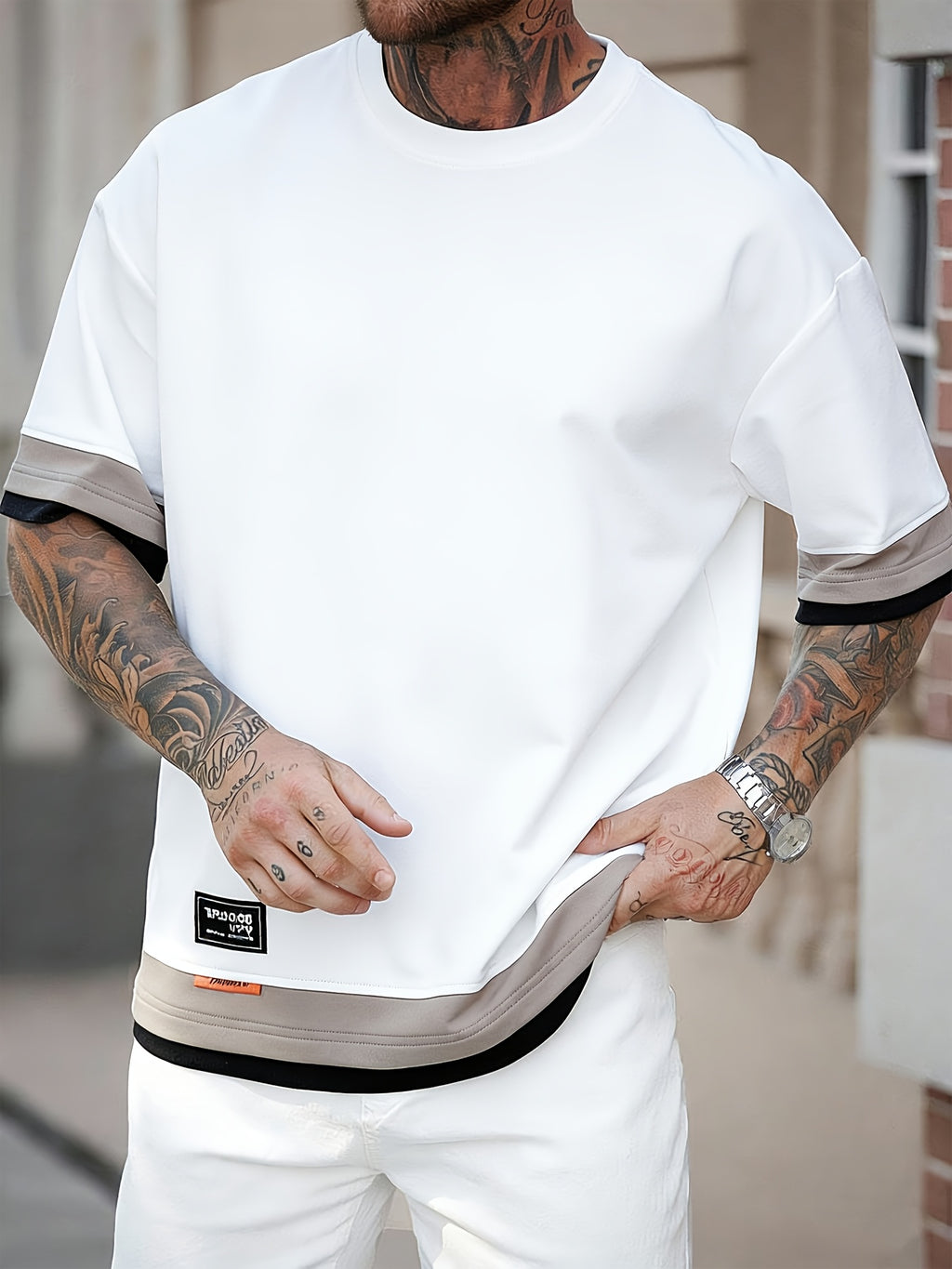 [Joshmay Obm] Summer Men'S Fake Two-Piece Contrast Short Sleeve T-Shirt, Loose Round Neck Trendy Casual Half Sleeve Top - White