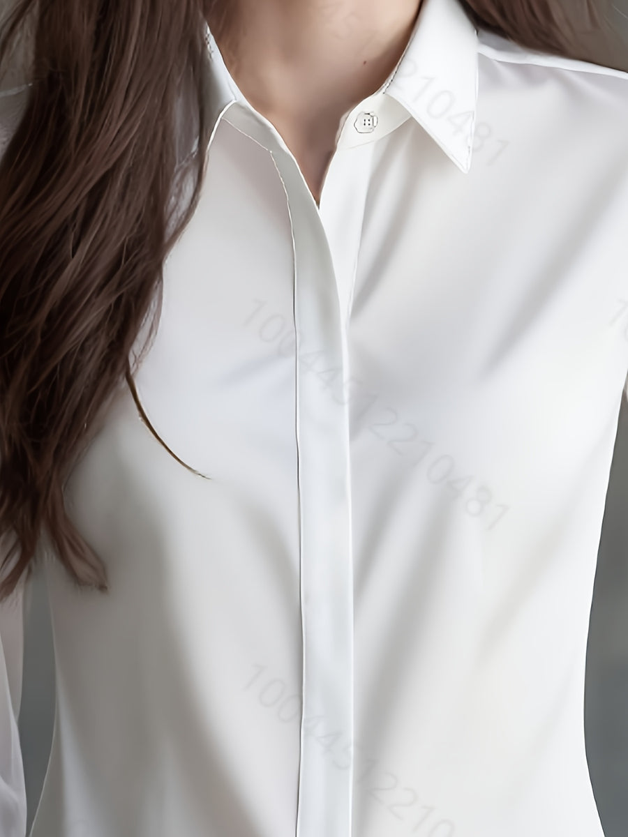 New Women'S Solid Color Long Sleeve Shirt, Elegant Dark Front Button-Up, Non-Sheer, Office Business Top, for Meetings And Events, Corporate Attire, Urban Professional Style - White