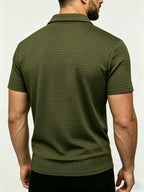 Men's Waffle Knit Half-Zip Polo Shirt, Loose Fit Solid Color Versatile Short Sleeve - fern green